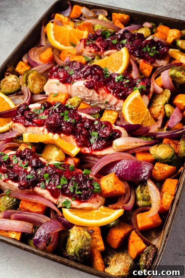 Cranberry Orange Glazed Salmon Recipe with Citrus Sauce 8 Sheet-pan cranberry orange salmon with roasted vegetables and orange slices.