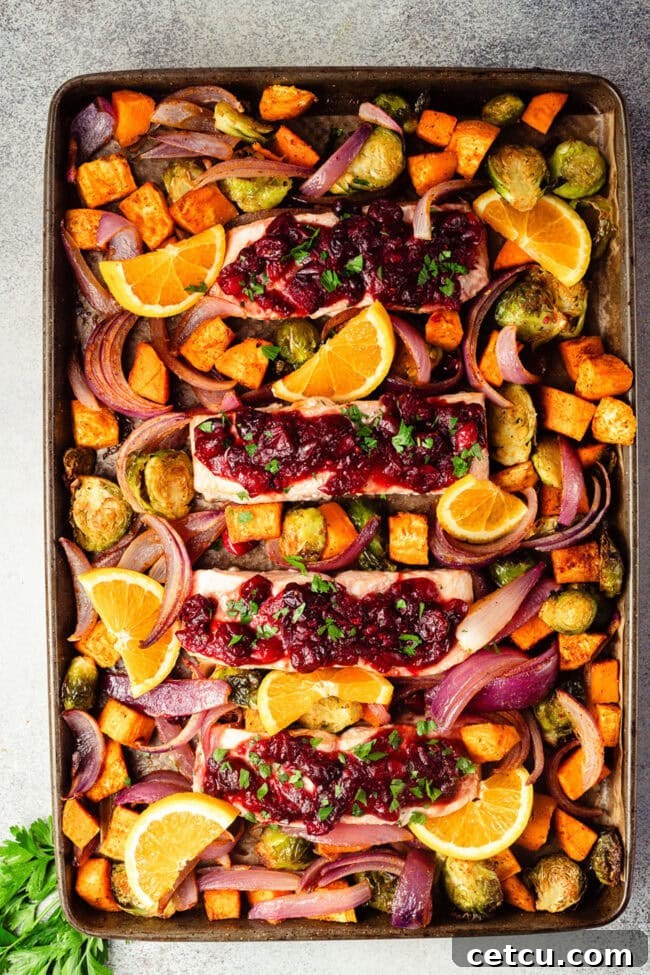 Cranberry Orange Glazed Salmon Recipe with Citrus Sauce 10 Baked cranberry orange glazed salmon with roasted vegetables and orange slices.